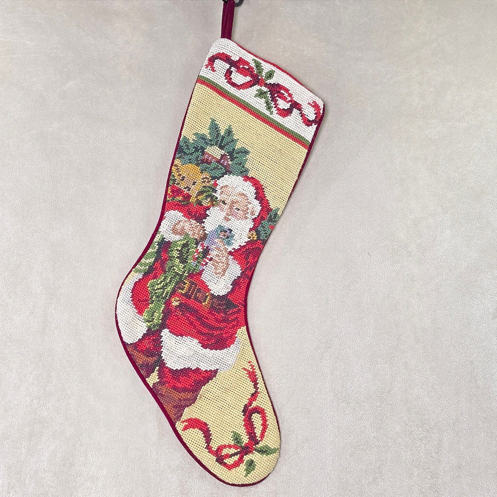 Vintage Needlepoint Christmas Stocking Santa Claus Red Velvet Back Holiday Decor
